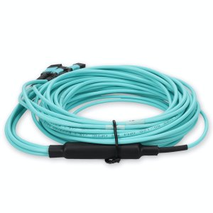 8m 4xMPO-16 (Female) to MPO (Female) 16-strand Aqua OM4 Crossover OFNR (Riser-Rated) Fiber Fanout Cable