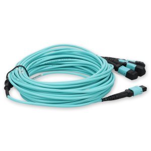 8m 4xMPO-16 (Female) to MPO (Female) 16-strand Aqua OM4 Crossover OFNR (Riser-Rated) Fiber Fanout Cable