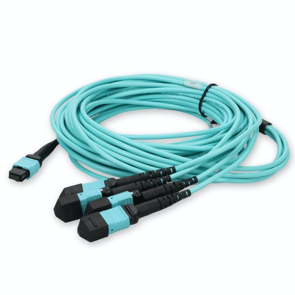 9m 4xMPO-16 (Female) to MPO (Female) 16-strand Aqua OM4 Crossover OFNR (Riser-Rated) Fiber Fanout Cable