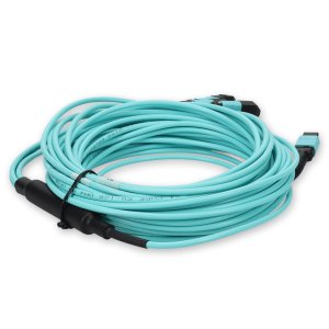 9m 4xMPO-16 (Female) to MPO (Female) 16-strand Aqua OM4 Crossover OFNR (Riser-Rated) Fiber Fanout Cable