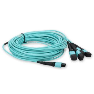 9m 4xMPO-16 (Female) to MPO (Female) 16-strand Aqua OM4 Crossover OFNR (Riser-Rated) Fiber Fanout Cable