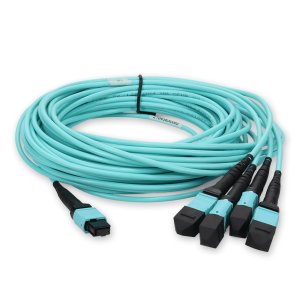 9m 4xMPO-16 (Female) to MPO (Female) 16-strand Aqua OM4 Crossover OFNR (Riser-Rated) Fiber Fanout Cable