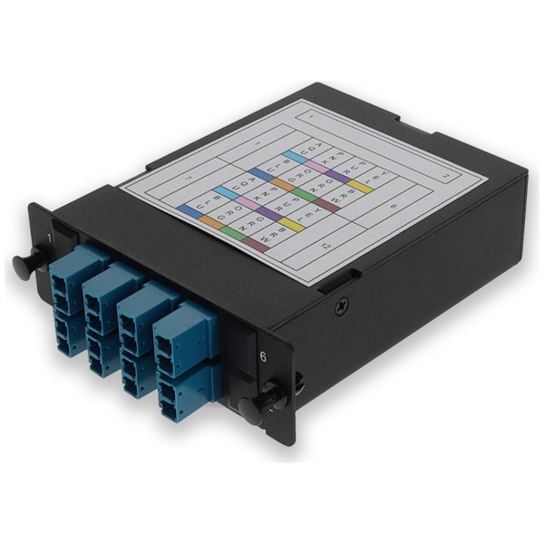 4-Bay Cassette 2x 12-Fiber MPO In, 8 LC Duplex Out, Single-mode Duplex OS2