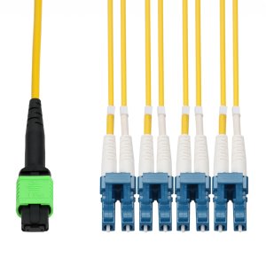 AddOn Networks 15m MPO/APC to 4xLC/UPC Duplex Yellow OS2 OFNP (Plenum-Rated) 8-Strand SMF Fiber Fanout Cable with 2ft Breakout Legs
