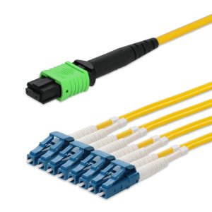 AddOn Networks 15m MPO/APC to 4xLC/UPC Duplex Yellow OS2 OFNP (Plenum-Rated) 8-Strand SMF Fiber Fanout Cable with 2ft Breakout Legs