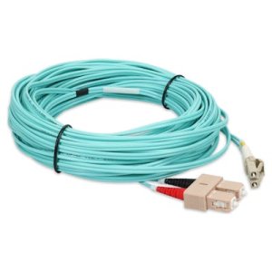 15m SC (Male) to LC (Male) Aqua OM4 Duplex Fiber OFNR (Riser-Rated) Miniboot Patch Cable with Serialized Labels