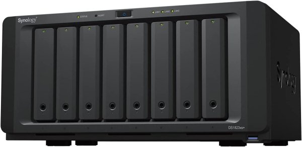 Synology DS1823xs+ 144TB (Synology HAT53) 8 bay desktop NAS - AMD Ryzen V1780B 8GB DDR4 SO-DIMM (expandable 32GB) 2 x 1GbE and 1 x 10GbE 2 x M.2 2280 NVMe slots Powerful Performance : Over 3100/2600 MB/s sequential read/write throughput and over 173100/8