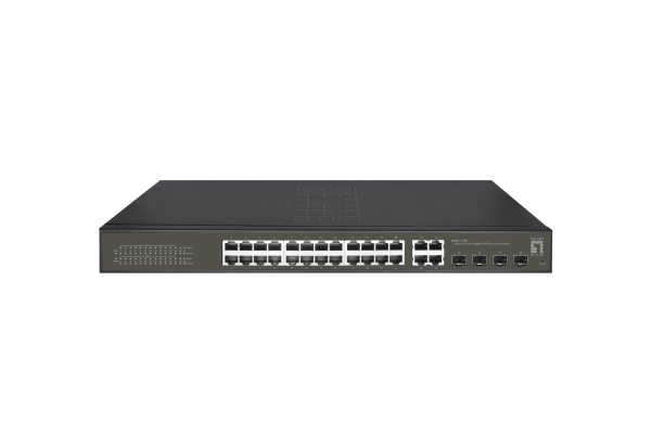 LevelOne Hilbert 28-Port Gigabit PoE Smart Lite Switch, 24 PoE Outputs, 4 x Gigabit SFP/RJ45 Combo, 802.3at/af PoE, 380W PoE Power Budget