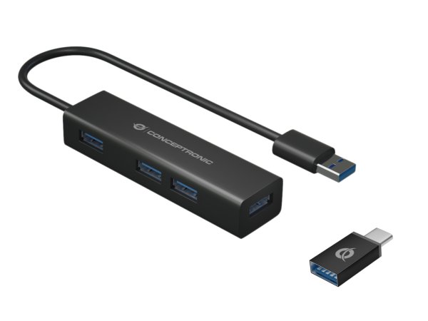 Conceptronic 4-Port USB 3.0 Aluminum Hub with USB-C to USB-A Adapter