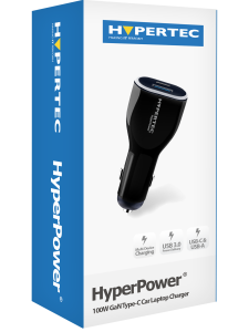 Hypertec PowerProEssential 100w USB-C GaN in Car Laptop charger. USB-C PD3.0 & USB-A QC4+ GaN laptop car charger. Includes 1.2m Type-C cable with 100w / 5A E-Marker suitable for both 12v and 24v applications. Supplied by Hypertec.