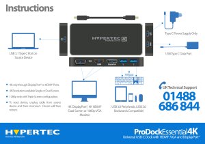 Hypertec ProDockEssential 4K - Universal USB-C Dock with HDMI VGA and DisplayPort