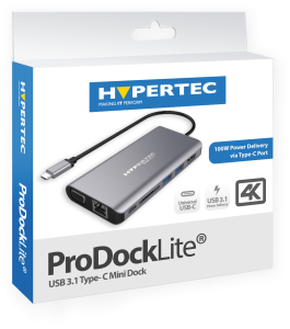 Hypertec ProDockLite Gen2 - Universal USB-C Dock with HDMI or VGA Single Screen USB 3.0 Gigabit Ethernet SD Reader 3.5mm Audio & 100W Power Delivery