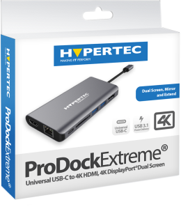 Hypertec ProDockExtreme - Universal USB-C Dock with HDMI DisplayPort Dual Screen USB 3.0 Gigabit Ethernet SD Reader 3.5mm Audio & 100W Power Delivery