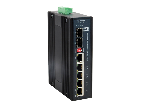 LevelOne 6-Port Gigabit Industrial Switch, 1 x SFP, 1 x SFP/RJ45 Combo, -40°C to 75°C, DIN-Rail