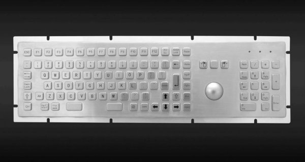 A Ceratech product IP65 rated USB hole mount full size stainless steel keyboard with integrated roller mouse. Supplied by Hypertec.